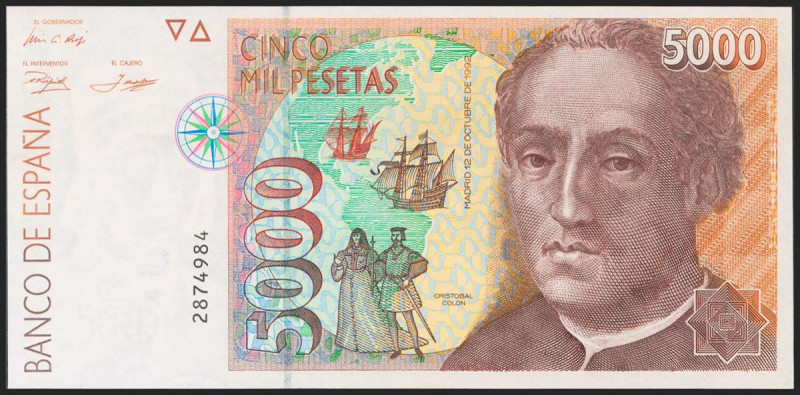 5000 Pesetas. 12 de Octubre de 1992. Sin serie. (Edifil 2021: 484). EBC++.