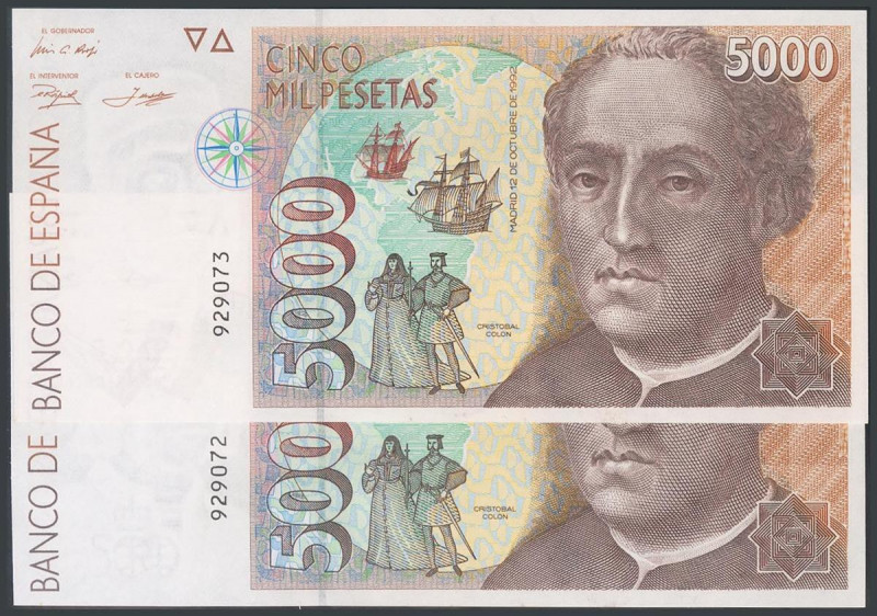 5000 Pesetas. 12 de Octubre de 1992. Pareja correlativa. Sin serie. (Edifil 2017...