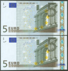 5 Euros. 1 de Enero de 2002. Pareja correlativa (cabe recordar que el último dígito de la numeración de todos los billetes denominados en euros es par...
