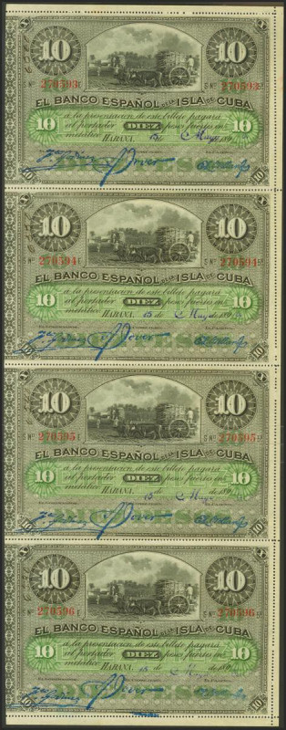 Conjunto de 4 billetes de 10 Pesos del Banco Español de Cuba emitidos el 15 de M...