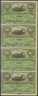Conjunto de 4 billetes de 10 Pesos del Banco Español de Cuba emitidos el 15 de Mayo de 1898 (fecha estampillada), todos correlativos y unidos vertical...