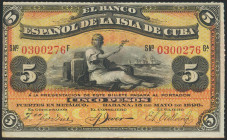 BANCO ESPAÑOL DE LA ISLA DE CUBA. 5 Pesos. 15 de Agosto de 1896. Sobrecarga PLATA. Serie F. (Edifil 2017: 81). Conserva gran parte del apresto origina...
