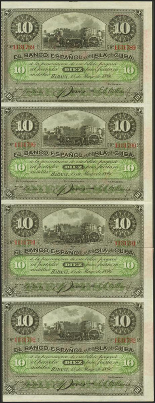 Conjunto de 4 billetes de 10 Pesos del Banco Español de Cuba emitidos el 15 de M...