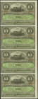 Conjunto de 4 billetes de 10 Pesos del Banco Español de Cuba emitidos el 15 de Mayo de 1896, todos correlativos y unidos verticalmente y al dorso sobr...