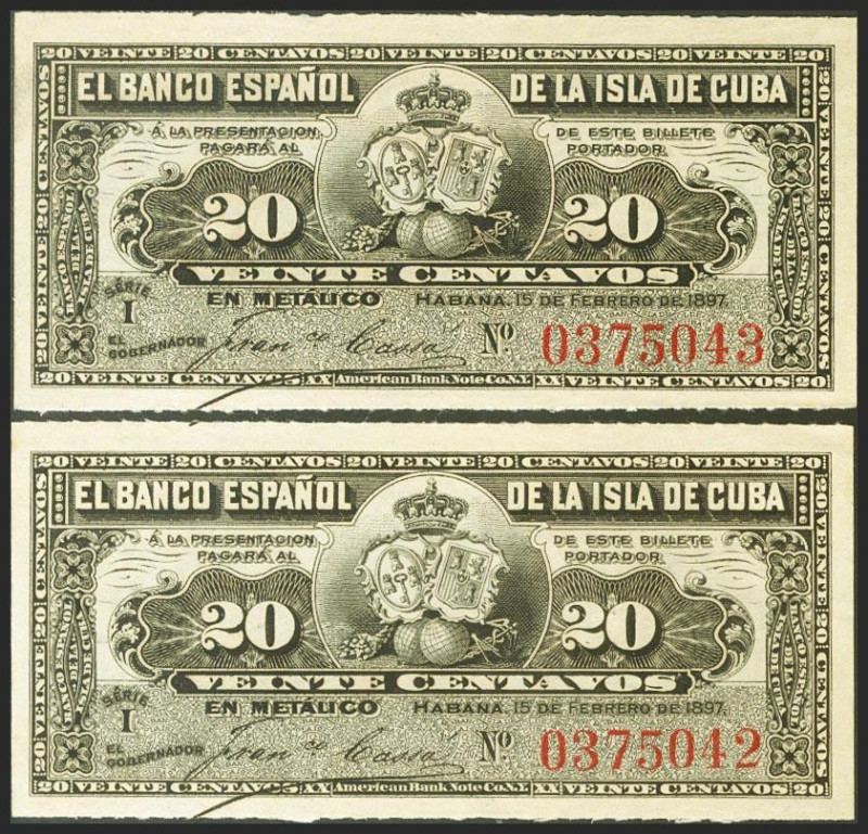 BANCO ESPAÑOL DE LA ISLA DE CUBA. 20 Centavos. 15 de Febrero de 1897. Pareja cor...