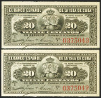 BANCO ESPAÑOL DE LA ISLA DE CUBA. 20 Centavos. 15 de Febrero de 1897. Pareja correlativa. Serie I. (Edifil 2017: 85). SC-.