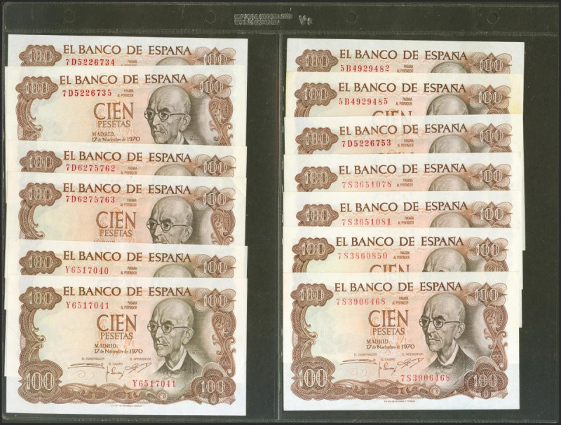 Conjunto de 15 billetes de 100 Pesetas emitidos el 17 de Noviembre de 1970, con ...
