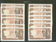 Conjunto de 15 billetes de 100 Pesetas emitidos el 17 de Noviembre de 1970, con numeraciones muy próximas, incluyendo tres parejas correlativas, con l...