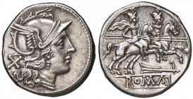 Repubblica - Anonime - Denario (206-195 a.C.) Testa di Roma a d. - R/ I Dioscuri a cavallo a d., sotto, timone - Cr. 117/A1 AG (g 3,69)
SPL