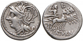 Appuleia - L. Appuleius Saturninus - Denario (104 a.C.) Testa di Roma a s. - R/ Saturno su quadriga a d. - B. 1; Cr. 317/3 AG (g 3,88)
qBB