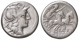 Atilia - Atilius Saranus - Denario (155 a.C.) Testa di Roma a d. - R/ La Vittoria su biga a d. - B. 1; Cr. 199/1a AG (g 3,90)
MB