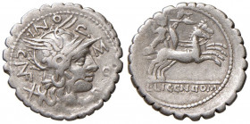 Cosconia - L. Cosconius M. f. - Denario (118 a.C.) Testa di Roma a d. - R/ Il re gallo Bituito su biga a d. - B. 1; Cr. 282/2 AG (g 3,65) Contromarca ...