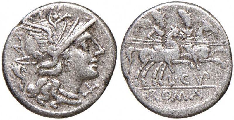 Cupiennia - L. Cupiennius - Denario (147 a.C.) Testa di Roma a d., dietro, cornu...