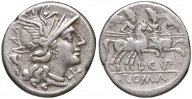 Cupiennia - L. Cupiennius - Denario (147 a.C.) Testa di Roma a d., dietro, cornucopia - R/ I Dioscuri a cavallo a d. - B. 1; Cr. 218/1 AG (g 3,81)
qB...