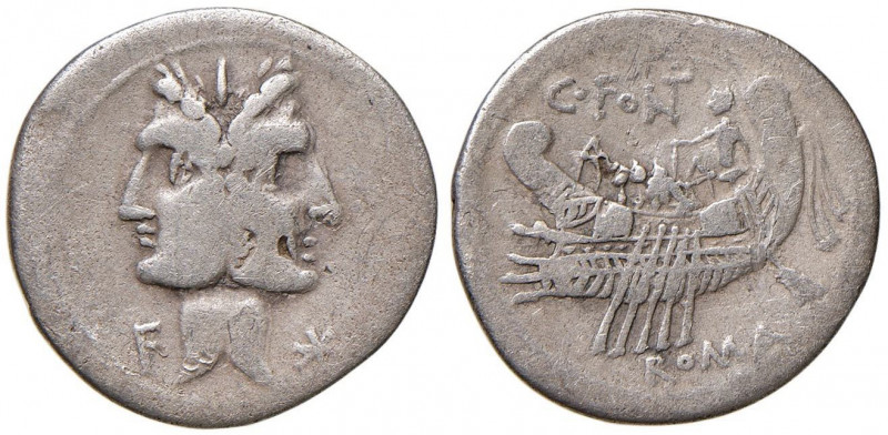 Fonteia - Man. Fonteius - Denario (114-113 a.C.) Testa di Giano - R/ Nave a s. -...
