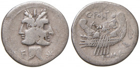 Fonteia - Man. Fonteius - Denario (114-113 a.C.) Testa di Giano - R/ Nave a s. - B. 1; Cr. 290/1 AG (g 3,49)
MB