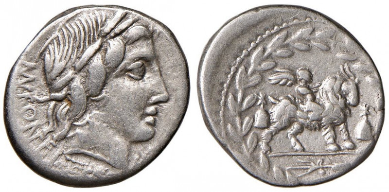 Fonteia - Mn. Fonteius C. f. - Denario (85 a.C.) Testa di Apollo a d., davanti, ...