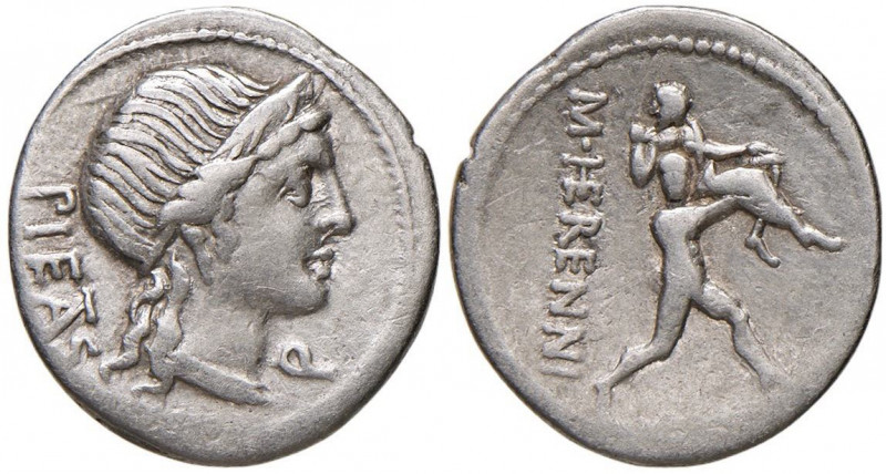 Herennia - M. Herennius - Denario (108-107 a.C.) Testa della Pietà a d. - R/ Anf...