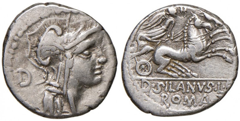 Roma - Repubblica - Junia - D. Silanus L. f. - Denario (91 a.C.) Testa di Roma a...