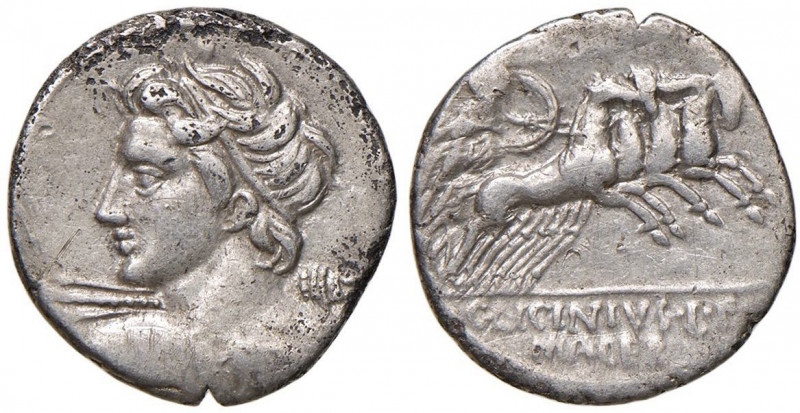 Licinia - C. Licinius L. f. Macer - Denario (84 a.C.) Busto di Apollo a s. - R/ ...