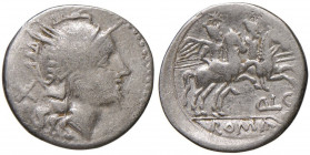 Lutatia - Q L C - Denario (206-200 a.C.) Testa di Roma a d. - R/ I Dioscuri a d., sotto, Q L C - Cr. 125/1 AG (g 3,77) RR
B/MB