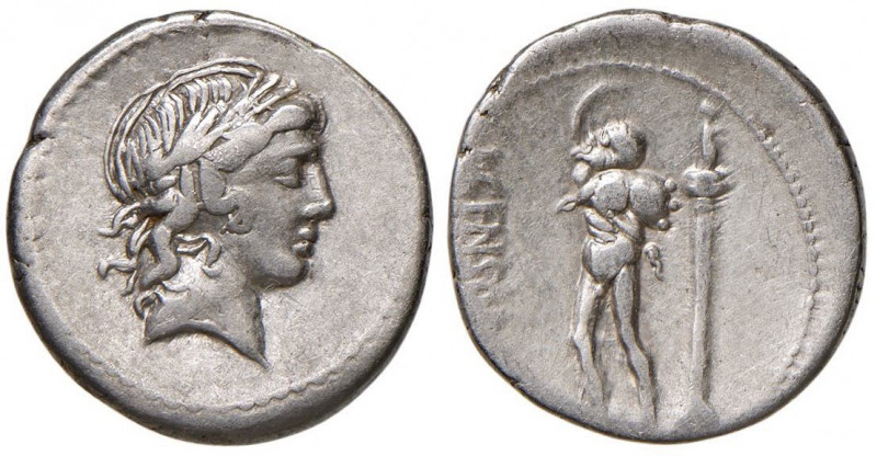 Marcia - L. Censorinus - Denario (82 a.C.) Testa di Apollo a d. - R/ Il satiro M...