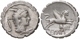 Papia - L. Papius - Denario (79 a.C.) Testa di Giunone Sospita a d. - R/ Grifone a d. - B. 1; Cr. 384/1 AG (g 3,85) Graffito al D/
BB