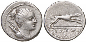 Postumia - C. Postumius - Denario (74 a.C.) Busto di Diana a d. - R/ Cane a d. - B. 9; Cr. 394/1a AG (g 3,81) 
BB