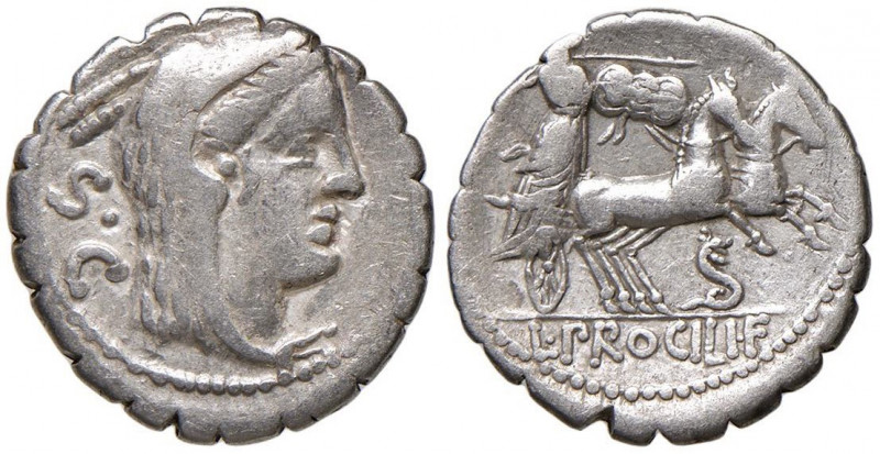 Procilia - L. Procilius - Denario (80 a.C.) Testa di Giunone Sospita a d. - R/ G...
