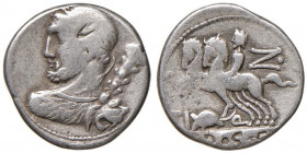 Quinctia - Ti. Quinctius - Denario (112 a.C.) Busto di Ercole a s. con clava - R/ Desultor a s., sotto, topo - B. 6; Cr. 297/1 AG (g 3,91) Contromarca...
