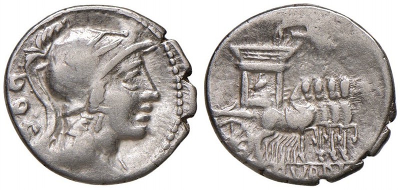 Rubria - L. Rubrius Dossenus - Denario (87 a.C.) Busto elmato di Roma a d. - R/ ...