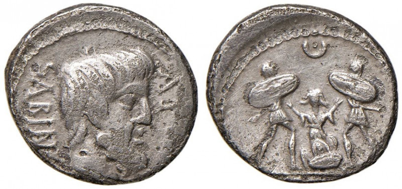 Tituria - L. Titurius - Denario (89 a.C.) Testa di Tazio a d. - R/ Tarpeia tra d...