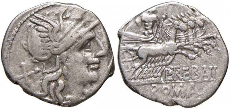 Trebania - L. Trebanius - Denario (135 a.C.) Testa di Roma a d. - R/ Giove su qu...