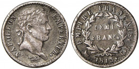 Napoleone (1805-1814) GENOVA Mezzo franco 1813 Contorno liscio - Pag. 29a; Gad. 1813 (dichiarati 8.385 esemplari di tiratura) AG (g 2,35) RRR Graffiet...