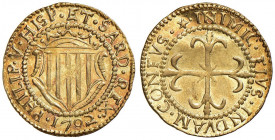 CAGLIARI Filippo V (1700-1719) Scudo d’oro 1702 - MIR 93/2 AU (g 3,21) Ondulazione e piegatura non deturpante del tondello 
qFDC