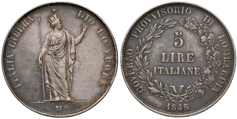 MILANO Governo Provvisorio (1848) 5 Lire 1848 - Gig. 3 AG (g 24,93) Colpetti al ...