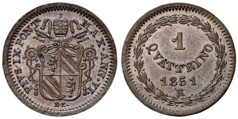 Pio IX (1846-1878) Quattrino 1851 A. VI - Nomisma 834 CU (g 1,95) Bellissimo ese...