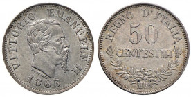 Vittorio Emanuele II (1861-1878) 50 Centesimi 1863 M - Nomisma 925 AG
FDC