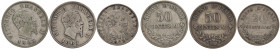Vittorio Emanuele II (1861-1878) Lotto di tre monete, due di 50 centesimi e una di 20 centesimi 1863 M 
qBB-BB