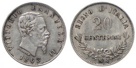 Vittorio Emanuele II (1861-1878) 20 Centesimi 1863 M - Nomisma 933 AG
SPL