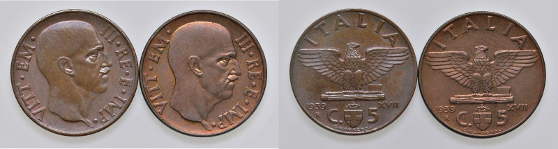 Vittoria Emanuele III (1900-1946) 5 Centesimi 1939 - Nomisma 1371 e 1372 CU/BR L...