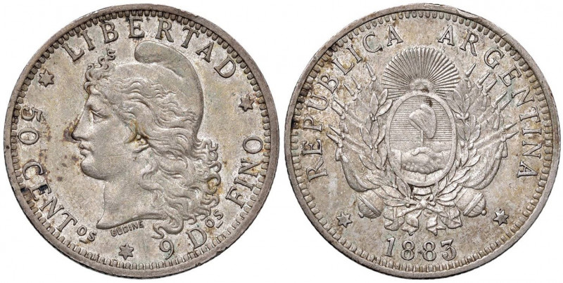 ARGENTINA 50 Centavos 1883 - KM 28 AG (g 12,53) Depositi, Colpetto al bordo. Bel...