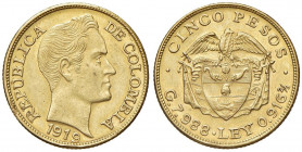 COLOMBIA 5 Pesos 1919 - Fr. 115 AU (g 7,99) Colpo al bordo 
SPL