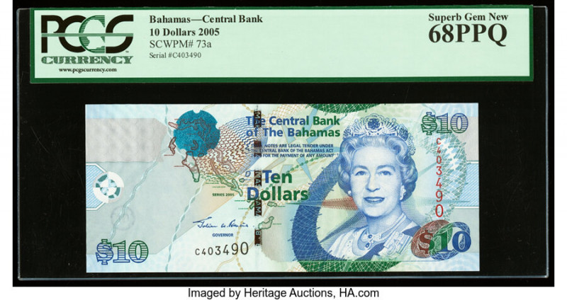 Bahamas Central Bank 10 Dollars 2005 Pick 73a PCGS Superb Gem New 68PPQ. 

HID09...