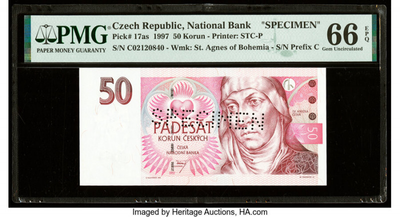 Czech Republic Czech National Bank 50 Korun 1997 Pick 17as Specimen PMG Gem Unci...