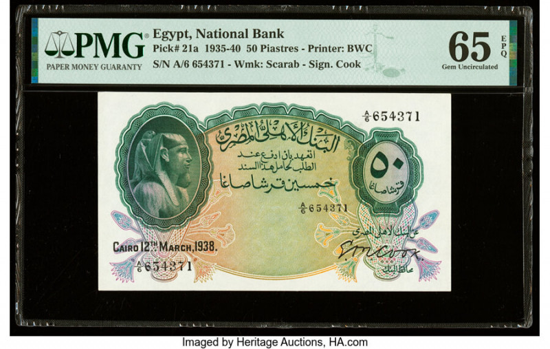 Egypt National Bank of Egypt 50 Piastres 12.3.1938 Pick 21a PMG Gem Uncirculated...