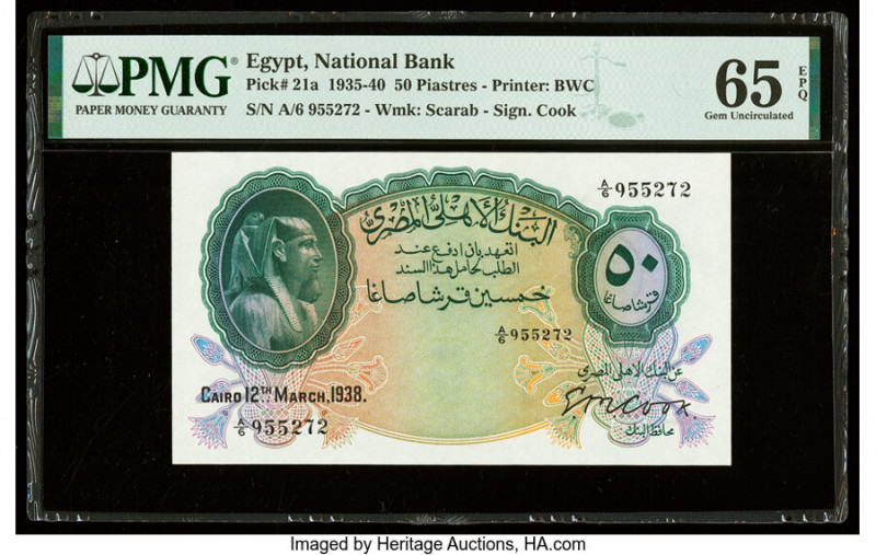 Egypt National Bank of Egypt 50 Piastres 12.3.1938 Pick 21a PMG Gem Uncirculated...