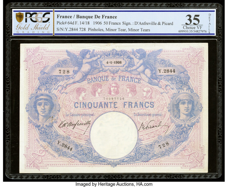 France Banque de France 50 Francs 4.1.1906 Pick 64d PCGS Gold Shield Choice VF 3...