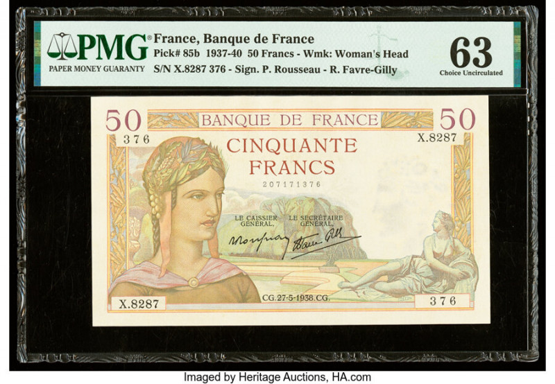 France Banque de France 50 Francs 27.5.1938 Pick 85b PMG Choice Uncirculated 63....