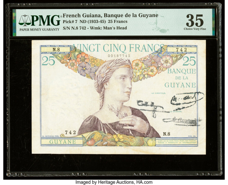 French Guiana Banque de la Guyane 25 Francs ND (1933-45) Pick 7 PMG Choice Very ...